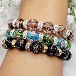 Luminous Glow in the Dark 12mm Glass Bead Rhinestone Lampwork Bracelet