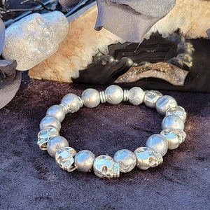 Silver Skull, Druzy Agate Beaded Gemstone Bracelet