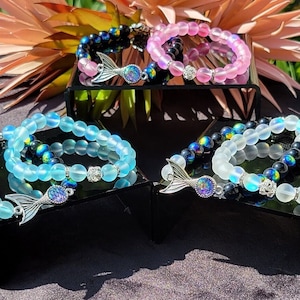 Crystal Mystic Mermaid Bead Bracelet Set Matte Glass Shining Moonstone Black Aurora Borealis Glass Bead Mermaid Tail Beaded Charm Bracelet