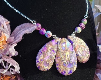 Collier pendentif en pierre de jaspe impérial violet en forme de larme, pierres précieuses naturelles violettes, chaîne en acier inoxydable argenté pour femme