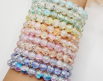 10 mm ブルー ピンク クラックルガラス ビーズ ブレスレット マルチ