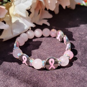 Pink Ribbon Breast Cancer Awareness Metal Bead Bracelet with 10mm Pink Quartz Gemstone Beaded Bracelet