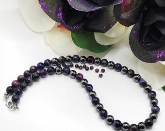 Collar de cuentas de hematita y ojo de tigre arcoíris para hombre y mujer