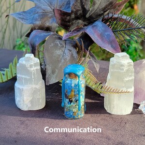 May include: A small glass bottle filled with blue and green stones, sealed with a blue wax top, flanked by two white selenite towers. The word "Communication" is printed at the bottom of the image. The background features dark purple leaves and greenery.