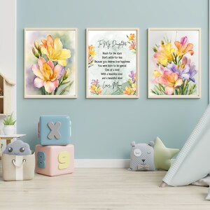 Para minha filha, carta da mãe, pôster de arte digital para impressão, decoração com estampas de flores para quarto de menina, berçário, pinturas em aquarela de frésia