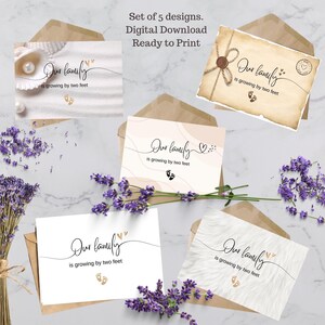 Faire-part de grossesse disant que notre famille s'agrandit de deux pieds, lot de 5 modèles Fichier numérique imprimable en téléchargement immédiat Baby Reveal