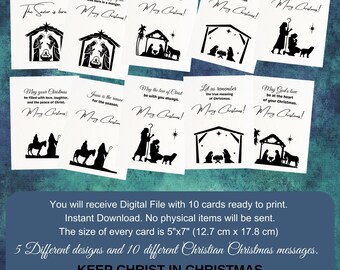 Könnte beinhalten: Zehn Weihnachtskarten mit schwarzen Silhouetten von Krippenszenen und christlichen Botschaften auf weißem Hintergrund. Die Karten sind 12,7 cm x 17,8 cm groß. Der Text enthält "Frohe Weihnachten!" und "Behaltet Christus in Weihnachten."