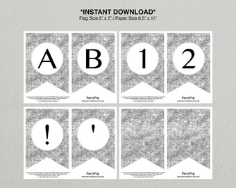 Silver Glitter Alphabet Banner, A-Z and Numbers (Instant Download PDF)