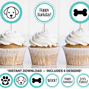 Printable Dog Party Cupcake Toppers , Dog Birthday Party Printable , Teal Dog Theme Birthday, Dog Party Cake Topper,Instant Download
