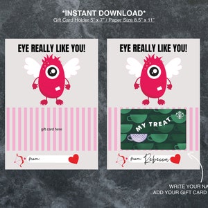 Eye Really Like You! Printable Valentine Gift Card Holde, Valentine Monster Gift Card, Valentine&#39;s Day Gift Card Holder Instant Download