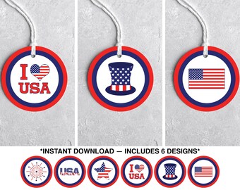 4th of July Gift Tags, Patriotic Red White Blue, USA Party (PDF)