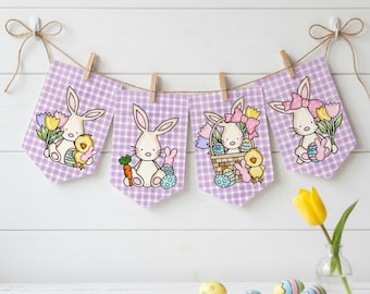 Guirnalda de Pascua, pancarta de conejito de Pascua para imprimir, banderines de cuadros vichy en tonos pastel, decoración de descarga instantánea.