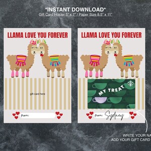 Afdrukbare Llama Love You Forever Valentine Gift Card houder, Valentijnsdag wenskaart, Instant Download