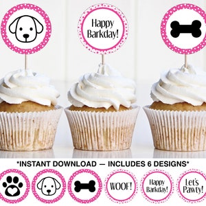 Printable Dog Party Cupcake Toppers , Dog Birthday Party Printable, Pink Dog Theme Birthday Party, Dog Party Cake Topper, Instant Download