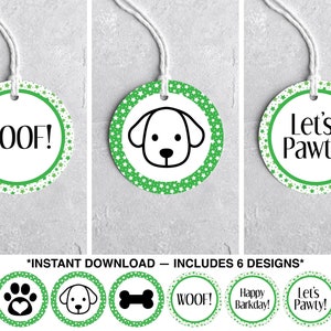 Dog Party Gift Tags, Dog Favor Tags, Puppy Party Favors, Green Dog Theme, Printable Dog Birthday Tags, Puppy Birthday Party,Instant Download