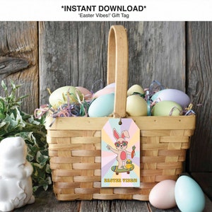 Ambiance de Pâques ! Étiquette-cadeau, lapin de Pâques groovy & poussin, carte imprimable 2 x 3,5, lapin de Pâques des années 70, lapin lapin ambiance rétro, téléchargement numérique