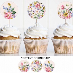 Pink Spring Floral Cupcake Toppers, Baby Shower Party Picks, Printable Bridal Shower Decorations, 2 Inch Cupcake Toppers, Instant Download