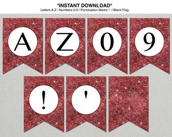 Ruby Red Glitter Party Banner, Printable A-Z Letters & Numbers (Instant Download PDF)