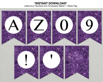 Purple Glitter Alphabet Banner, Printable Party Decor (PDF)