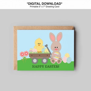 Joyeuses Pâques ! Carte de lapin, mignon lapin et poussin de Pâques, carte de voeux de Pâques à imprimer à la maison, carte imprimable 5 x 7, téléchargement immédiat