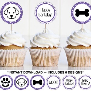 Printable Dog Party Cupcake Toppers , Dog Birthday Party Printable , Purple Dog Theme Birthday Party, Dog Party Cake Topper,Instant Download