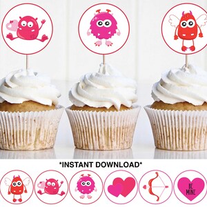 Valentine Monster Cupcake Toppers, Valentine&#39;s Day Cupcake Toppers, Printable Valentine Party Favors, Instant Download, PDF, Valentine Treat