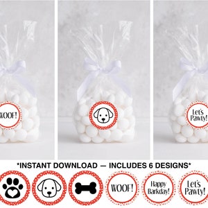 Dog Party Favor Tags, Puppy Pawty Stickers, Red Dog Theme Favor Label, Dog Favor Tags, Let&#39;s Pawty!, Printable Favor Tag, Instant Download