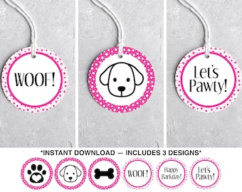 Pink Dog Party Favor Tags, Puppy Birthday Gift Tags (Instant Download)