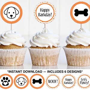 Orange Dog Party Cupcake Toppers, Dog Birthday Party Printable, Dog Theme Birthday Party, Let&#39;s Pawty,Dog Party Cake Topper,Instant Download