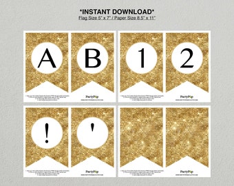 Gold Glitter Alphabet Banner, Printable Party Decoration (Instant Download PDF)