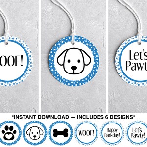 Dog Favor Tags, Puppy Party Favors, Blue Dog Theme, Dog Party Gift Tags, Printable Dog Birthday Tags, Puppy 1st Birthday, Instant Download