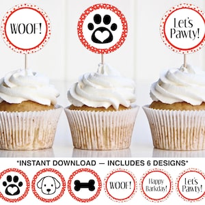 Printable Dog Party Cupcake Toppers, Dog Birthday Party Printable, Red Dog Theme Birthday Party, Dog Party Cake Topper, Instant Download PDF