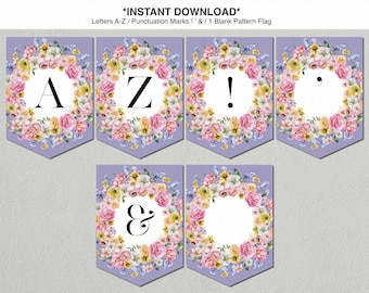 Purple Floral Banner Alphabet, Printable Bunting (Digital Download)