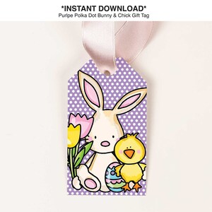 May include: Purple polka dot gift tag with a cartoon bunny holding a bouquet of flowers and a chick holding an Easter egg.