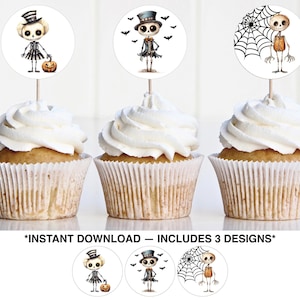 Whimsical Halloween Cupcake Topper, Skeleton Cupcake , Halloween Party Printable, Gothic Halloween Decor, Halloween Picks, Instant Download