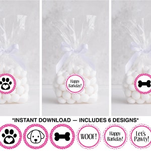 Dog Party Favor Tags, Puppy Pawty Stickers, Pink Dog Theme Favor Label, Dog Favor Tags, Let&#39;s Pawty!, Printable Favor Tag, Instant Download