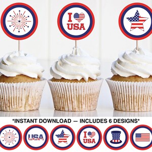 Printable 4th Of July Cupcake Toppers, Independence Day, 4th Of July Party Decor, Red White and Blue, USA Cupcake Toppers, Instant Download