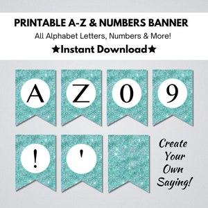 Printable Aqua Blue Glitter Alphabet Banner, DIY Banner, A-Z & Numbers Banner,Pennant Banner, Mermaid Party Banner, Instant Download