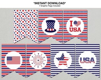 4th of July Printable Banner, Stars and Stripes Bunting (Instant Download)