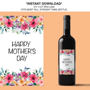 Happy Mother&#39;s Day Wine Label, Cute Mom Gift, Mothers Day Gift Label, Mom Celebration Box, Grandma Gift, Floral Wine Label, Instant Download