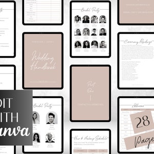 May include: Digital wedding planning templates on tablets, featuring headings such as "Wedding Handbook," "Bridal Party," and "Ceremony Readings." The design is minimalist with a neutral colour palette. The text "Edit with Canva" is also visible.