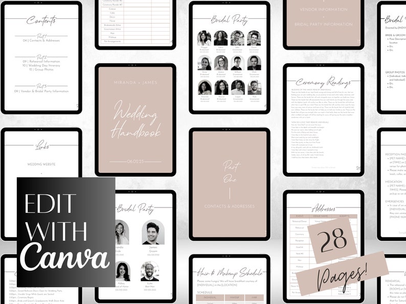 May include: Digital wedding planning templates on tablets, featuring headings such as "Wedding Handbook," "Bridal Party," and "Ceremony Readings." The design is minimalist with a neutral colour palette. The text "Edit with Canva" is also visible.