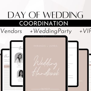 Puede incluir: Un manual de boda digital que se muestra en varias tabletas. Las tabletas presentan una paleta de colores suaves con el texto «Day of Wedding Coordination» y «Wedding Handbook». El texto adicional incluye «Vendors», «Wedding Party» y «VIPs».