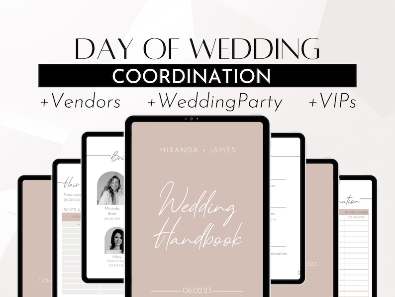 May include: A digital wedding handbook displayed on multiple tablets. The tablets feature a soft colour palette with text that reads "Day of Wedding Coordination" and "Wedding Handbook." Additional text includes "Vendors," "Wedding Party," and "VIPs."