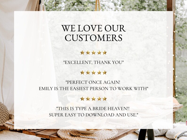 May include: A white sign with the text "WE LOVE OUR CUSTOMERS" and customer reviews. The reviews include phrases like "EXCELLENT, THANK YOU" and "PERFECT ONCE AGAIN!" with star ratings. The sign is set on a wooden table.