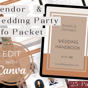 May include: A digital tablet displaying a wedding handbook with the title "Smith & Johnson Wedding Handbook" in brown text on a beige background. The handbook is 25+ pages long and includes a June 06 date. The tablet is on a table with other wedding planning documents.
