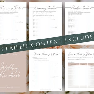 May include: A wedding handbook with a blush pink cover and white script text. The handbook includes detailed timelines for the pre-ceremony, ceremony, and reception, along with hair and makeup details and schedules. The text "DETAILED CONTENT INCLUDED" is also visible.