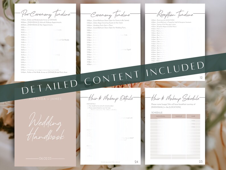 May include: A wedding handbook with a blush pink cover and white script text. The handbook includes detailed timelines for the pre-ceremony, ceremony, and reception, along with hair and makeup details and schedules. The text "DETAILED CONTENT INCLUDED" is also visible.