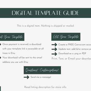 May include: Digital Template Guide with instructions on how to get and edit your template. The text includes instructions on how to download the template as a .png or PDF. The image also includes the text "Questions! Customisations!" and "Read listing description for more info."