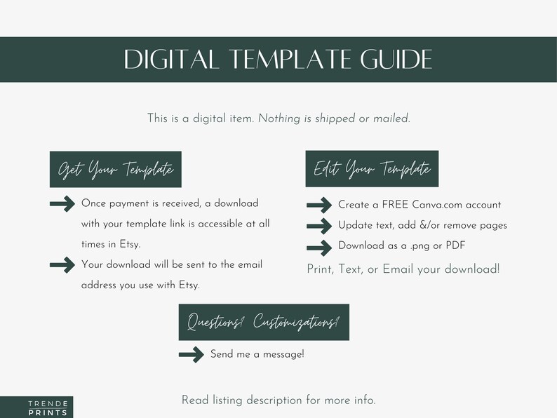 May include: Digital Template Guide with instructions on how to get and edit your template. The text includes instructions on how to download the template as a .png or PDF. The image also includes the text "Questions! Customisations!" and "Read listing description for more info."